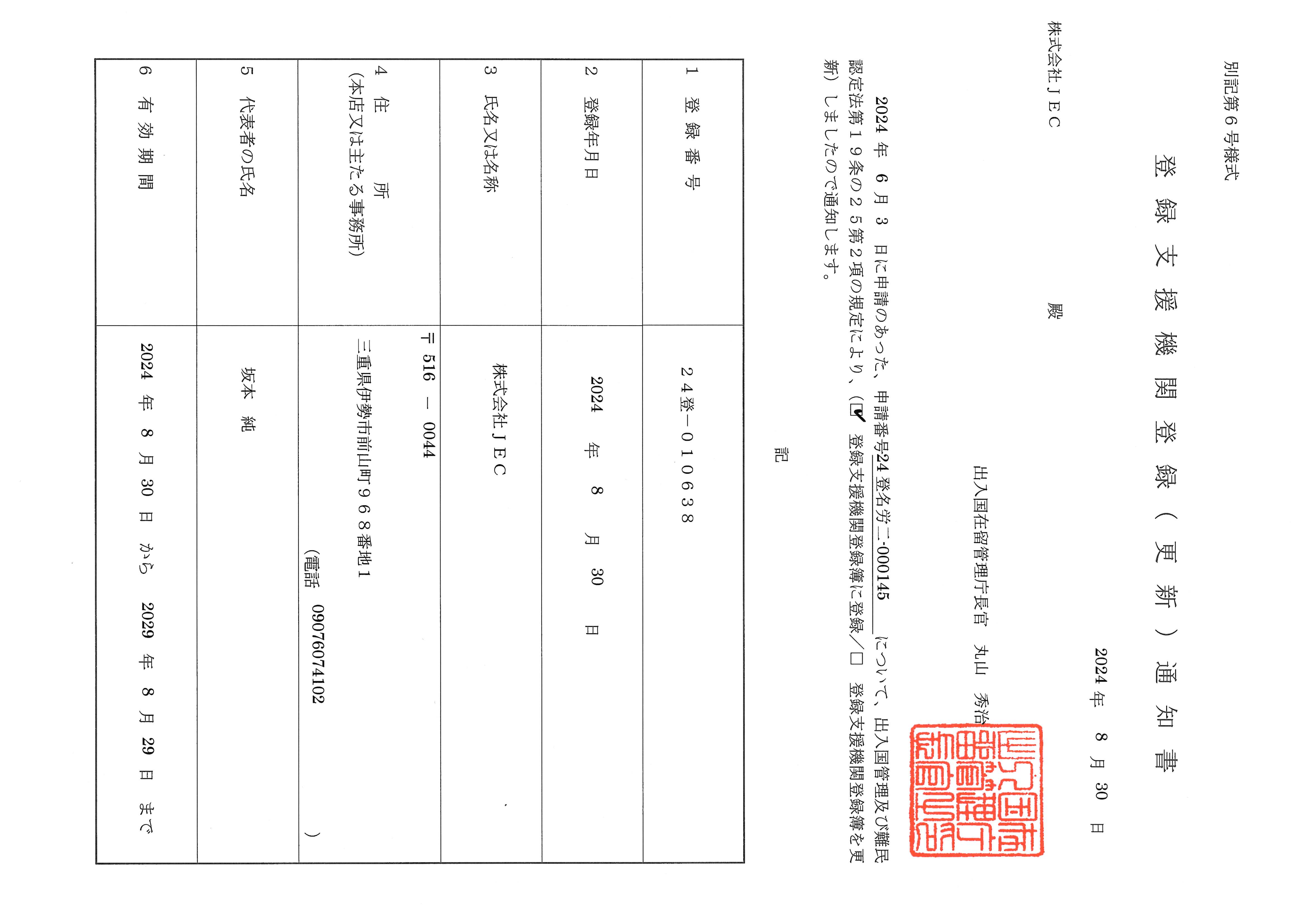 登録支援機関登録通知書